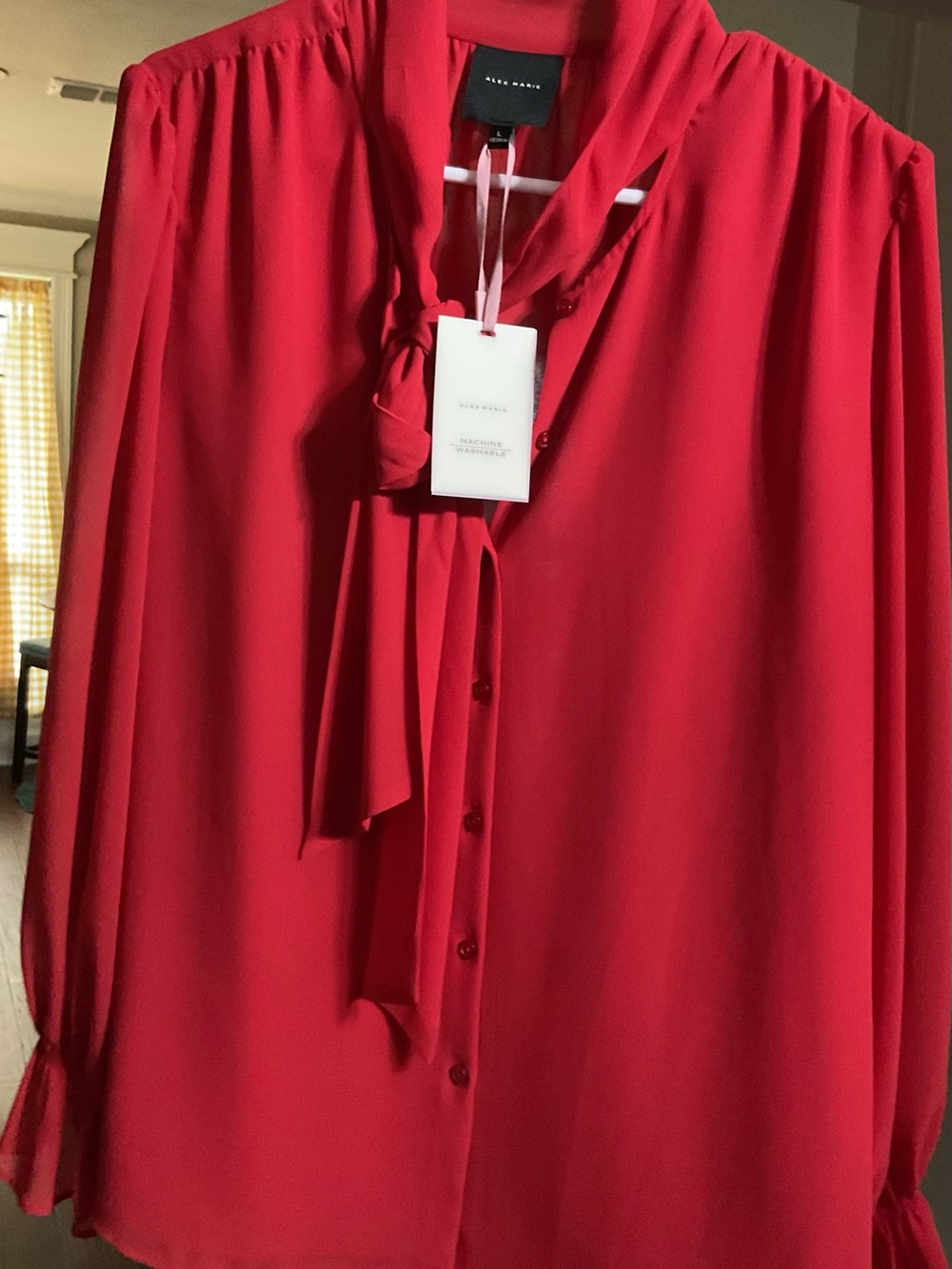 Alex Marie Bright Red Tie up bowl lLong-Sleeve Blouse